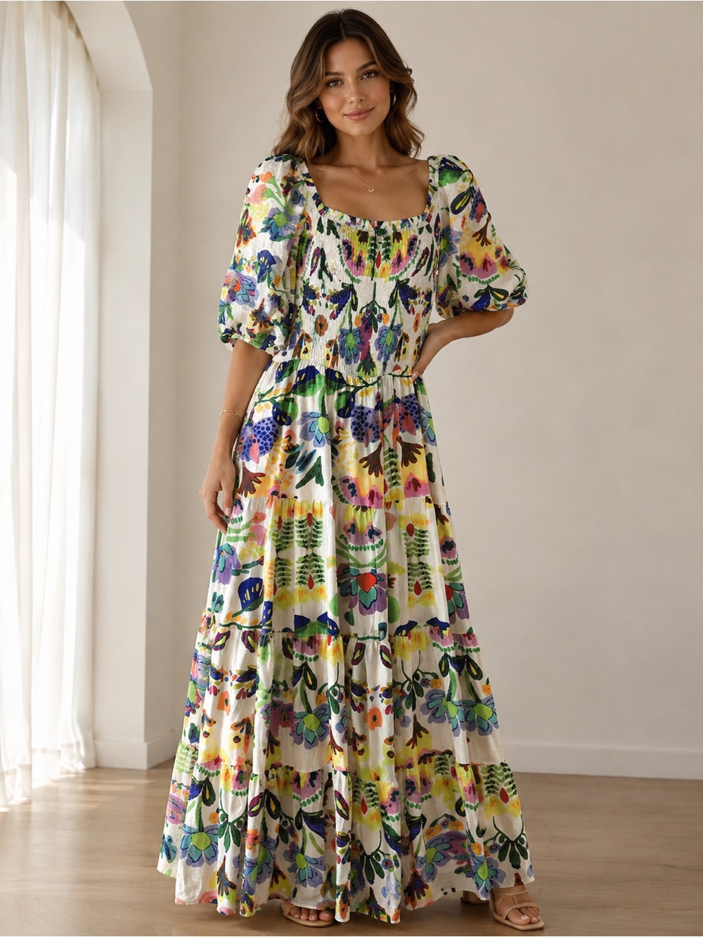 Floral Square-Neck Maxi Dress in Multicolor